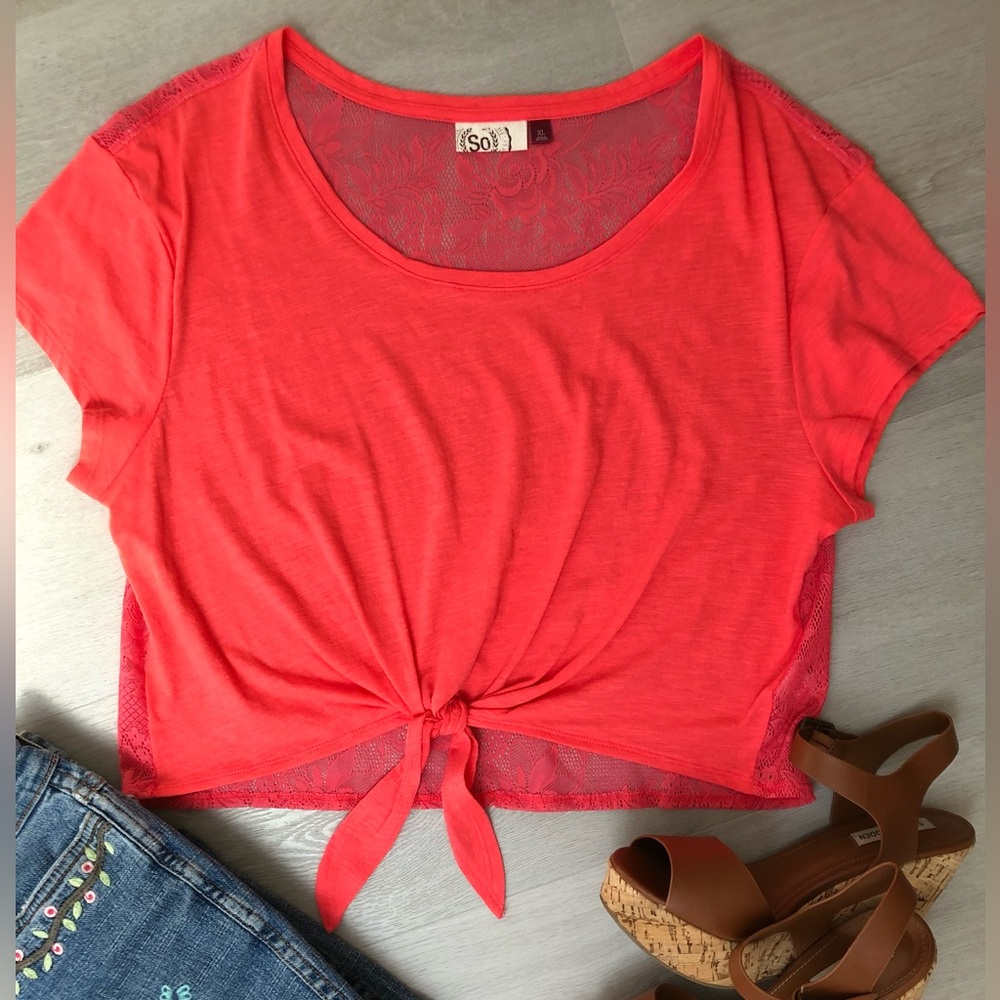 SO Sheer Floral Back Boho Bright Coral Crop Festival Top Size XL